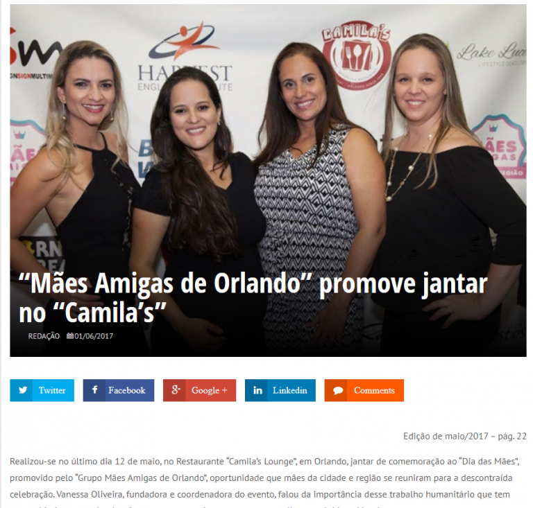 Mães Amigas de Orlando promove jantar no Camila's